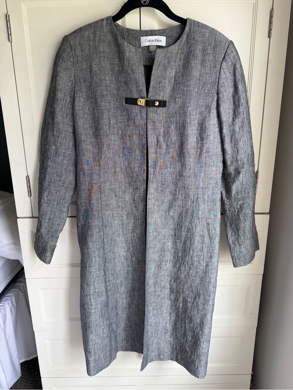 Calvin Klein Gray Collarless Trench Coat with Buckle Detail